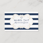 Navy Blue Stripe Patroon & Elegant Crest Visitekaartje (Voorkant)