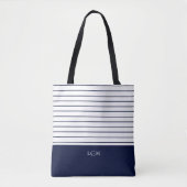 Navy Blue Stripe Pattern Monogram Tote Bag (Voorkant)