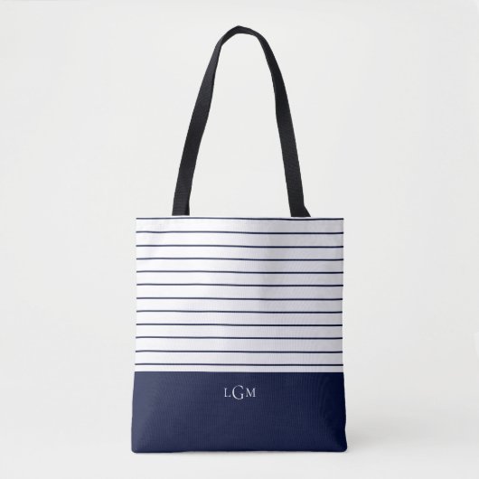 Navy Blue Stripe Pattern Monogram Tote Bag (Voorkant)