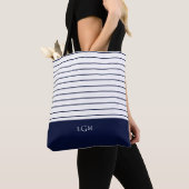Navy Blue Stripe Pattern Monogram Tote Bag (Dichtbij)