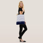 Navy Blue Stripe Pattern Monogram Tote Bag (Op model)
