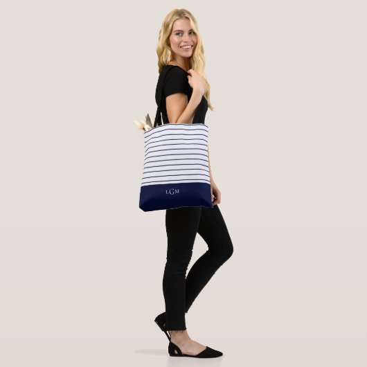 Navy Blue Stripe Pattern Monogram Tote Bag (Op model)