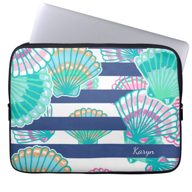 Navy Blue Stripe Seashell Laptop Sleeve (Voorkant)