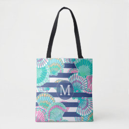 Navy Blue Stripe Seashell Monogram Tote Bag