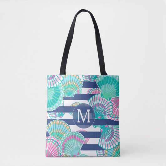 Navy Blue Stripe Seashell Monogram Tote Bag (Voorkant)