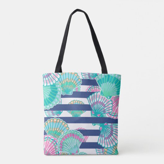 Navy Blue Stripe Seashell Monogram Tote Bag (Achterkant)
