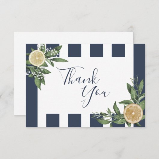 Navy Blue Stripe Waterverf Lemon Citrus Bedankkaart (Voorkant / Achterkant)