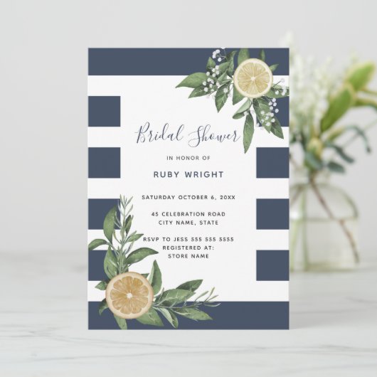 Navy Blue Stripe Waterverf Lemon Vrijgezellenfeest Kaart (Staand voorkant)