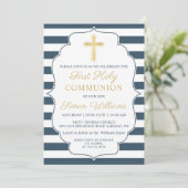 Navy Blue Striped Gold Cross First Heilige Communi Kaart (Staand voorkant)