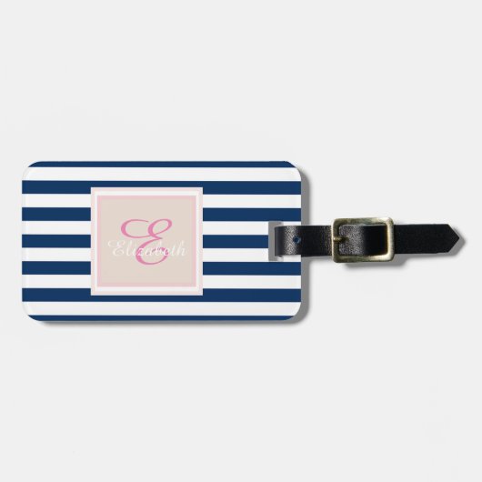 Navy Blue Striped Monogram-geïndividualiseerd Bagagelabel (Voorkant horizontaal)