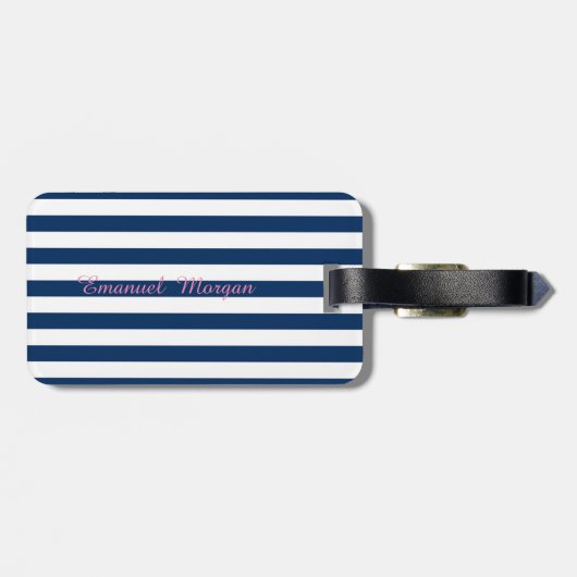 Navy Blue Striped Monogram-geïndividualiseerd Bagagelabel (Achterkant horizontaal)