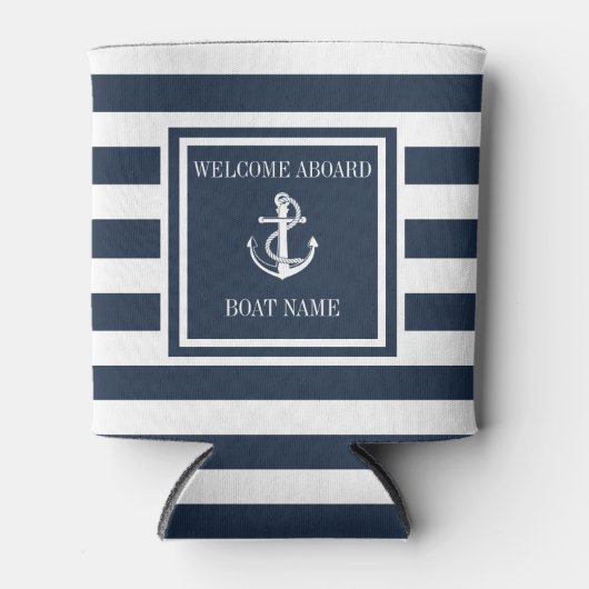 Navy Blue Striped Nautical Anchor Boat Name Blikjeskoeler (Voorkant)