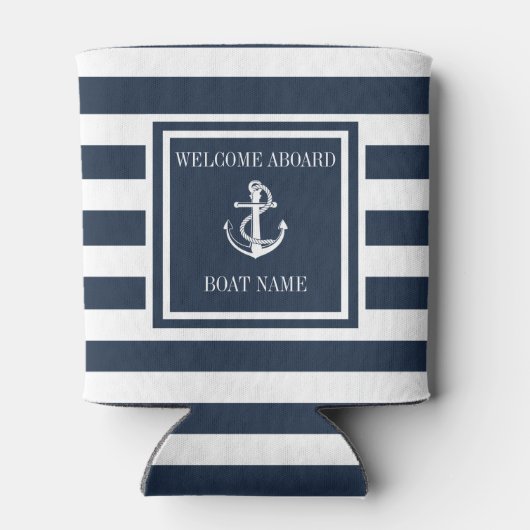 Navy Blue Striped Nautical Anchor Boat Name Blikjeskoeler (Achterkant)