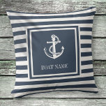 Navy Blue Striped Nautical Anchor Boat Name Buitenkussen<br><div class="desc">Een nautisch ontwerp met een anker,  stijlvolle marineblauw en witte strepen en op maat van uw bootnaam. Ontworpen door: Thisnotme©</div>