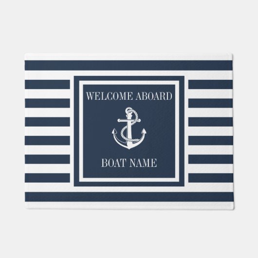 Navy Blue Striped Nautical Anchor Boat Name Deurmat (Voorkant)