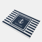 Navy Blue Striped Nautical Anchor Boat Name Deurmat (Schuin)