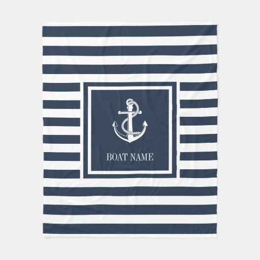 Navy Blue Striped Nautical Anchor Boat Name Fleece Deken (Voorkant)