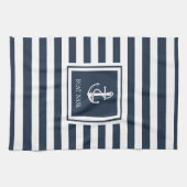 Navy Blue Striped Nautical Anchor Boat Name Theedoek (Horizontaal)