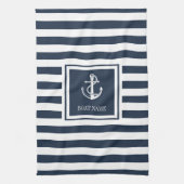 Navy Blue Striped Nautical Anchor Boat Name Theedoek (Verticaal)