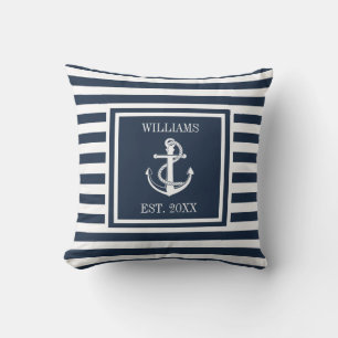 Navy Blue Striped Nautical Anchor Personalized Kussen
