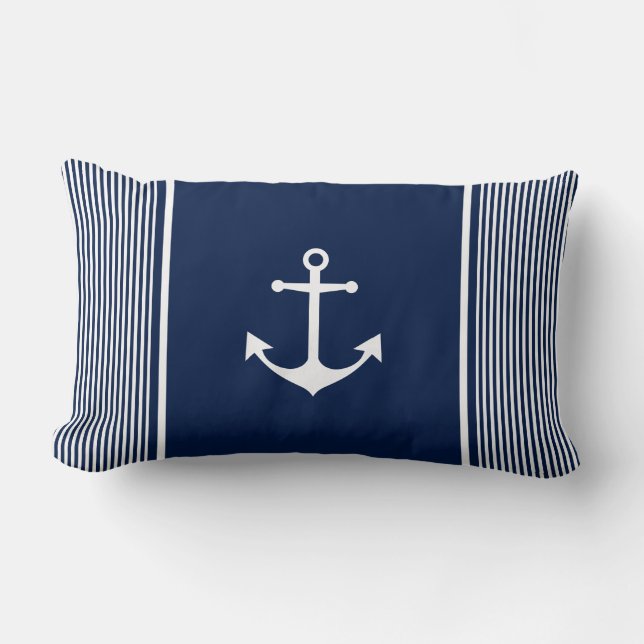 Navy Blue Striped Nautical Pillow met Anchor Kussen (Voorkant)