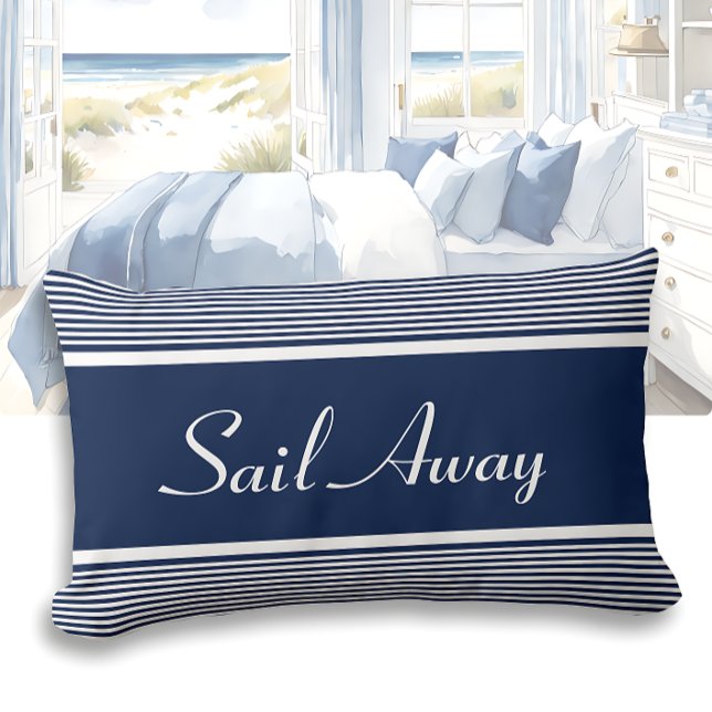 Navy Blue Striped Nautical Quote "Sail Away" Kussen (Creator heeft geüpload)