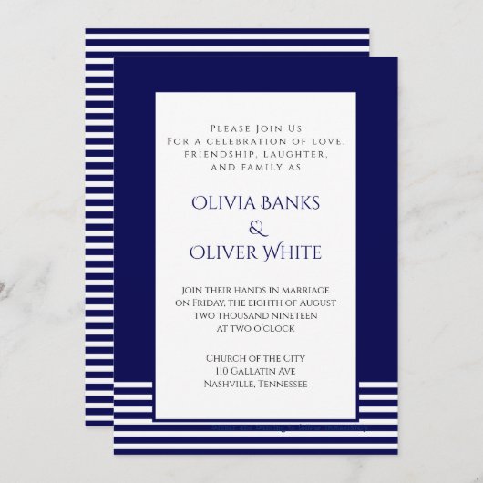 Navy Blue Striped - Wedding Invitation (Voorkant / Achterkant)