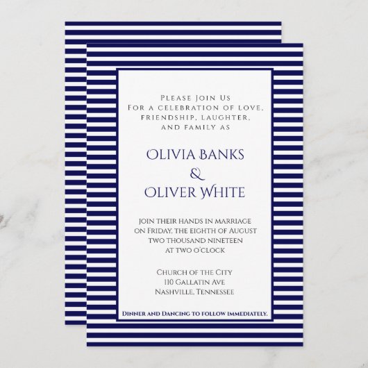 Navy Blue Striped - Wedding Invitation (Voorkant / Achterkant)