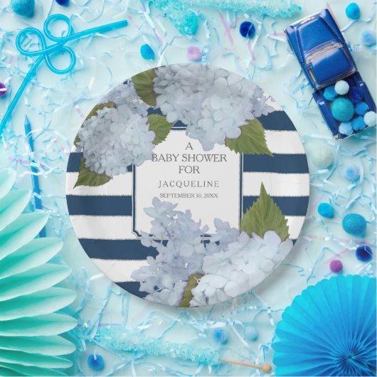 Navy Blue Striped White Hydrangea Floral Baby Papieren Bordje (Feest)