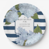 Navy Blue Striped White Hydrangea Floral Baby Papieren Bordje (Voorkant)