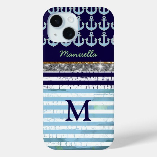 Navy Blue Stripes aangepaste naam / initiaal Case-Mate iPhone Case (Achterkant)