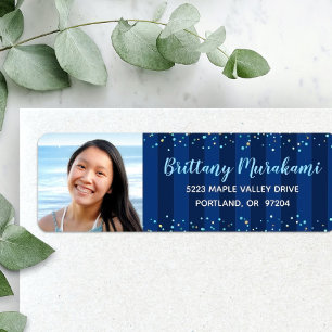 Navy blue stripes afstuderen foto modern adres etiket