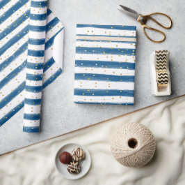 Navy Blue Stripes and Gold Glitter Boy Party Cadeaupapier