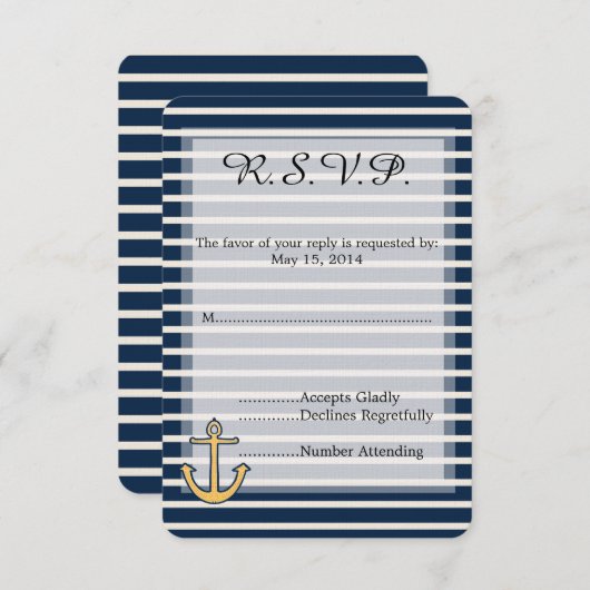 Navy Blue Stripes Anker Bruiloft RSVP (Voorkant / Achterkant)