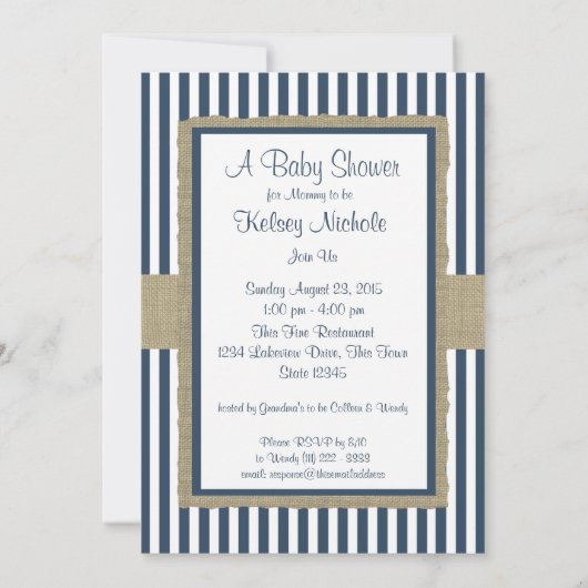 Navy Blue Stripes Baby shower Kaart (Achterkant)