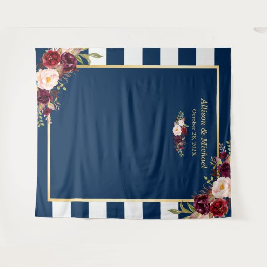 Navy Blue Stripes Burgundy Floral Wedding Backdrop Wandkleed (Voorkant (horizontaal))