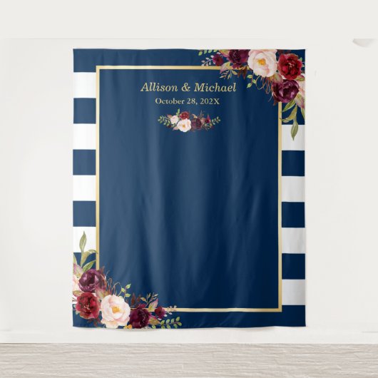 Navy Blue Stripes Burgundy Floral Wedding Backdrop Wandkleed (Voorkant)