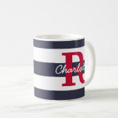 Navy Blue Stripes Crimson Monogram Koffiemok (Voorkant rechts)