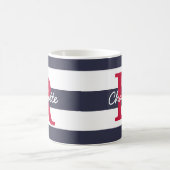 Navy Blue Stripes Crimson Monogram Koffiemok (Center)