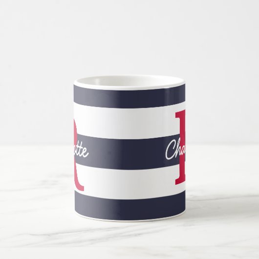 Navy Blue Stripes Crimson Monogram Koffiemok (Center)