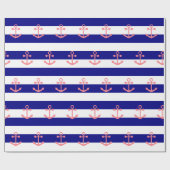 Navy Blue Stripes en Blush Pink Nautisch Anker Cadeaupapier (Vlak)