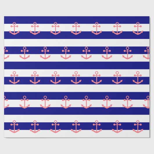 Navy Blue Stripes en Blush Pink Nautisch Anker Cadeaupapier (Vlak)