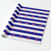 Navy Blue Stripes en Blush Pink Nautisch Anker Cadeaupapier (Uitgerold)
