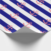 Navy Blue Stripes en Blush Pink Nautisch Anker Cadeaupapier (Hoek)