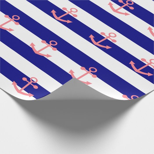 Navy Blue Stripes en Blush Pink Nautisch Anker Cadeaupapier (Hoek)