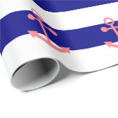 Navy Blue Stripes en Blush Pink Nautisch Anker Cadeaupapier (Rol Hoek)