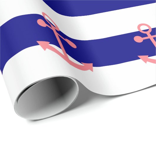 Navy Blue Stripes en Blush Pink Nautisch Anker Cadeaupapier (Rol Hoek)