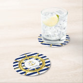 Navy Blue Stripes en Gold Nautical Wedding Ronde Kartonnen Onderzetter (Insitu)