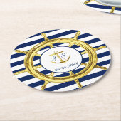 Navy Blue Stripes en Gold Nautical Wedding Ronde Kartonnen Onderzetter (Gebogen)