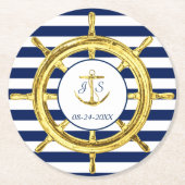 Navy Blue Stripes en Gold Nautical Wedding Ronde Kartonnen Onderzetter (Voorkant)